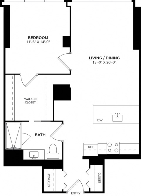 Floor plan for 1 bed, 1 bath, 880 sqft